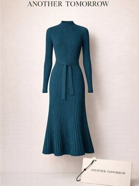 Another Tomorrow Ribbed Knit Flare Dress in ‘Petrol Size M NWT